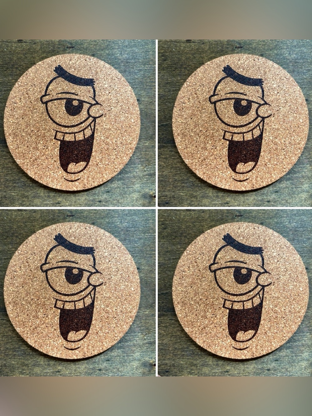 SpongeBob SquarePants Plankton Face Laser Engraved Cork Coasters Lot of 4